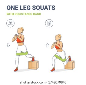 Single Leg Squats With Resistance Band Girl Home Workout Exercise Colorful Concept.