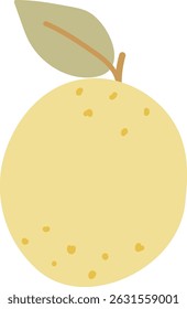 A single lemon with a leaf drawn in a flat style. The fruit is depicted with simple lines and a smooth texture. Cartoon vector illustration.