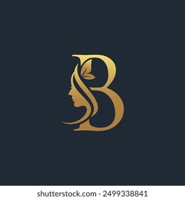 Single letter B with woman hair, face and leaf silhouette ornament. Suitable for beauty care service logo.