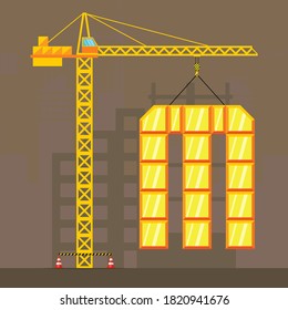 Single letter M capital and tower crane in under construction graphic illustration.