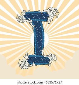 Single Letter I Text Sign Japanese Art Ocean Wave Graphic Lettering Vector Art Design Illustration
