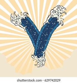 Single Letter V Text Sign Japanese Art Ocean Wave Graphic Lettering Vector Art Design Illustration