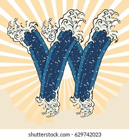 Single Letter W Text Sign Japanese Art Ocean Wave Graphic Lettering Vector Art Design Illustration