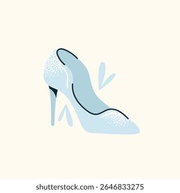 Sapato de salto alto azul claro único com acentos brilhantes em fundo bege. Ilustração de vetor plano. Conceito de moda e calçado para design e impressão