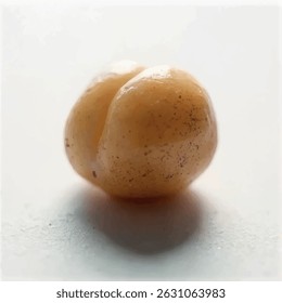A single, light brown chickpea rests on a stark white background, its slightly irregular shape and textured surface highlighted by the even lighting.