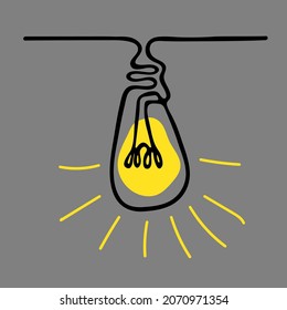 Single light bulb drawn with continuous line. Idea symbol with rays on gray background. Vector illustration.