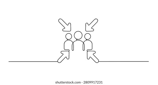 Single line abstract assembly point. Continuous line drawing of people gathering around central arrows for emergency meeting point. Public safety theme. Universal signage style. One line vector illustration.