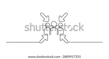 Single line abstract assembly point. Continuous line drawing of people gathering around central arrows for emergency meeting point. Public safety theme. Universal signage style. One line vector illustration.