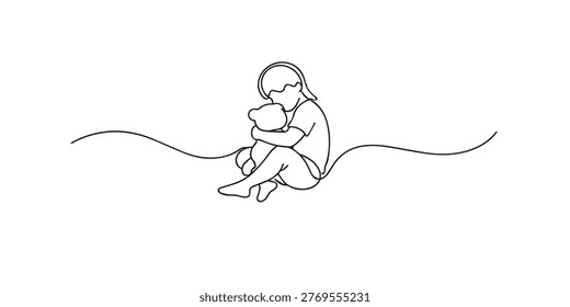 single line abstract child hugging doll.continuous line drawing of kid holding toy.soft emotional concept.minimal modern style.one line vector illustration.