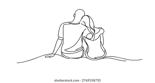 single line abstract couple sitting hugging.continuous line drawing of romantic togetherness.warm emotional concept.minimal modern style.one line vector illustration.