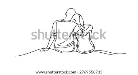 single line abstract couple sitting hugging.continuous line drawing of romantic togetherness.warm emotional concept.minimal modern style.one line vector illustration.