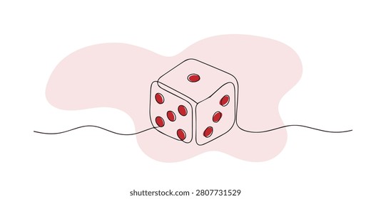Single line abstract dice. Continuous line drawing of classic gaming dice for board games and entertainment. Playful recreation theme. Clean graphic style. One line vector illustration.