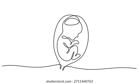 Dibujo abstracto de una sola línea de un feto humano en el útero, un símbolo del embarazo, la fertilidad y la ciencia médica.