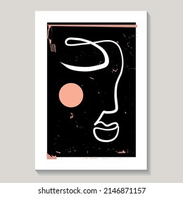 Single line abstract face poster. Artwork. Hand made poster. Drawing. Modern minimal art.