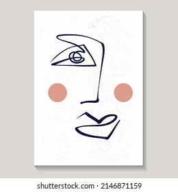 Single line abstract face poster. Artwork. Hand made poster. Drawing. Modern minimal art.