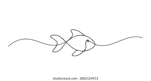 Single line abstract fish. Continuous line drawing of a simple swimming fish. Marine wildlife theme. Clean artistic style. One line vector illustration.