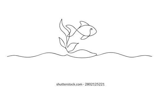 Single line abstract fish and coral reef. Continuous line drawing of tropical fish around coral. Ocean ecosystem theme. Elegant linear style. One line vector illustration.