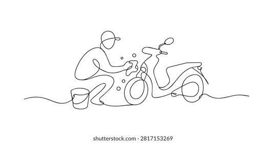 Single line abstract motorcycle washing. Continuous line drawing of a person washing a motorcycle with water. Vehicle cleaning activity. One line vector illustration.
