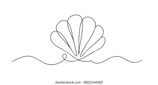 Single line abstract seashell. Continuous line drawing of spiral seashell from the ocean shore. Coastal nature theme. Elegant contour style. One line vector illustration.