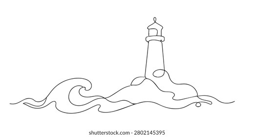 Single line abstract seaside lighthouse. Continuous line drawing of lighthouse standing beside the ocean. Coastal landscape theme. Graceful outline style. One line vector illustration.