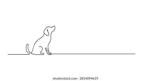 Single line abstract sitting dog. Continuous line drawing of a cute domestic dog sitting attentively. Loyal companion theme. Friendly pet style. One line vector illustration.