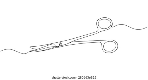 Single line abstract surgical scissors. Continuous line drawing of medical scissors for precision surgery. Healthcare instrument theme. Clinical illustration style. One line vector illustration.