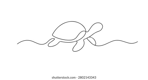 Single line abstract turtle walking. Continuous line drawing of land turtle moving slowly. Wildlife theme. Elegant natural illustration. One line vector illustration.