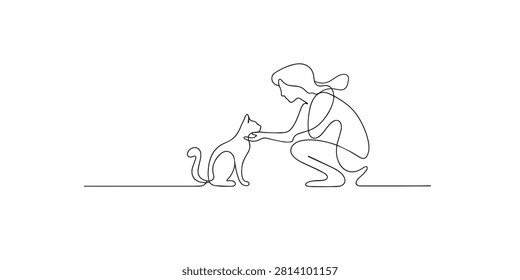 Single line abstract woman petting cat. Continuous line drawing of a woman gently stroking a cat's head with affection. Human and pet bond theme. Soft emotional style. One line vector illustration.