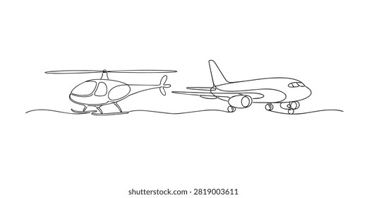 Single line airplane and helicopter. Continuous line drawing of an airplane beside a helicopter. Symbol of modern air transportation. One line vector illustration.