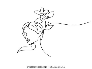 Single line art of an abstract face with flowers in hair. Minimalism style face design with continuous line drawing of flowers, vector illustration.