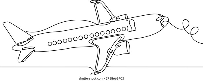Single line art of an airplane with windows and wings aircraft travel transport vehicle.