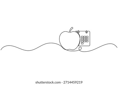 Arte de una sola línea de una manzana al lado de un calendario, que simboliza las fechas y la planificación