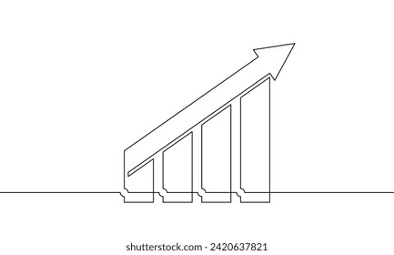 Single line art of arrow up. Continuous one line drawing of graph. Single line art of bar chart. Business growth icon. Increasing arrow sign symbol