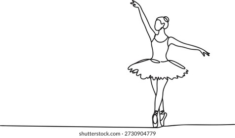 Single line art of ballet dancer performing in elegant pose. Minimalist illustration of female performer in motion. Outline sketch of girl dancing classical ballet on tip toes. Artistic vector representation of grace and beauty in performing arts.