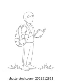 Single line art of boy student standing with a backpack and book vector art illustration