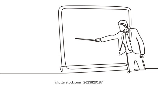 Single line art capturing a male speaker presenting information or ideas on a blank board. Vector illustration hand drawn.