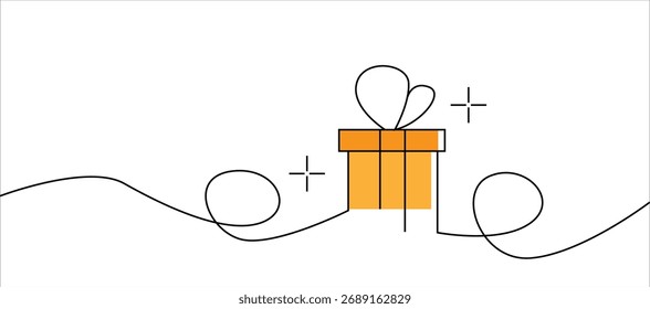 Single Line Art Colorful Present Box, einzeln auf Weiß. Geschenke und Geschenke zum Geburtstag oder Feiertag, Vektorkunst, Neujahrsfeier