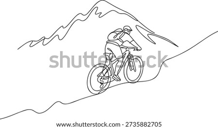 Single line art of cyclist mountain biking through hills representing active lifestyle and fitness. Minimalist vector illustration of bicyclist training in nature for endurance and travel concept.