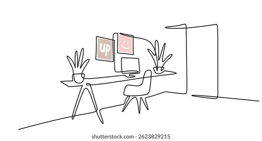 Single line art depicting a comfortable office desk setup with a light source and greenery element. Vector illustration hand drawn.
