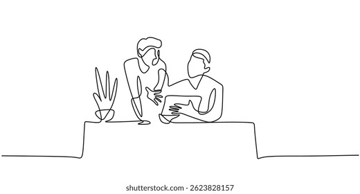 Single line art depicting effective communication, with one person actively listening to another across a table. Vector illustration hand drawn.