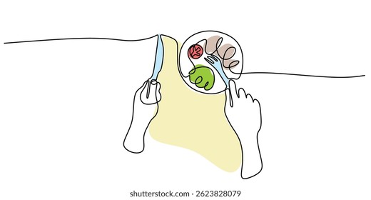 Arte de linha única representando mãos segurando talheres, comendo ativamente um bife de um prato. Desenhado à mão com ilustração vetorial.