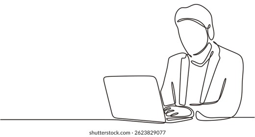 Arte de linha única representando uma figura masculina envolvida com um notebook, ilustrando trabalho ou estudo remoto. Desenhado à mão com ilustração vetorial.