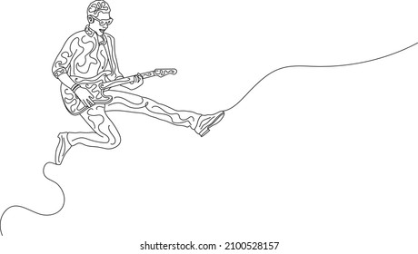 Single line art doodle art image of energetic young guitarist jumping on stage and playing guitar. Vector illustration of a continuous line drawing design. Vector illustration of doodle art.
