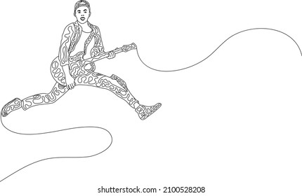 Single line art doodle art image of energetic young guitarist jumping on stage and playing guitar. Vector illustration of a continuous line drawing design. Vector illustration of doodle art.