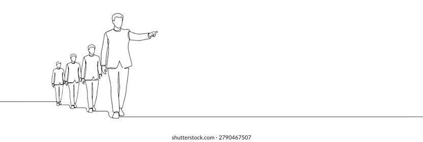 Single Line Art Drawing of Business Manager Showing Way to Following Team Leadership Concept Panorama