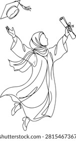 A single line art drawing of a cheerful Muslim woman wearing a graduation gown and hijab, jumping in joy while holding a diploma and throwing her cap.