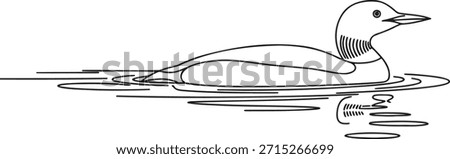 Single line art drawing of a common loon or great northern diver swimming on water surface. Minimalist vector illustration of wildlife nature and ornithology. Elegant graphic depicting bird with characteristic markings and reflection suitable for logos or simple designs.