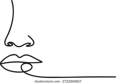 Single line art drawing featuring close up section of human face nose and lips minimalist continuous line art face contour abstract expression continuous drawing style