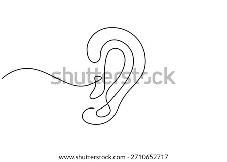 Single line art drawing of a human ear, depicting hearing and sound perception