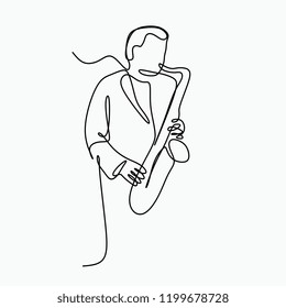Single line art drawing of a man playing music with saxophone vector.